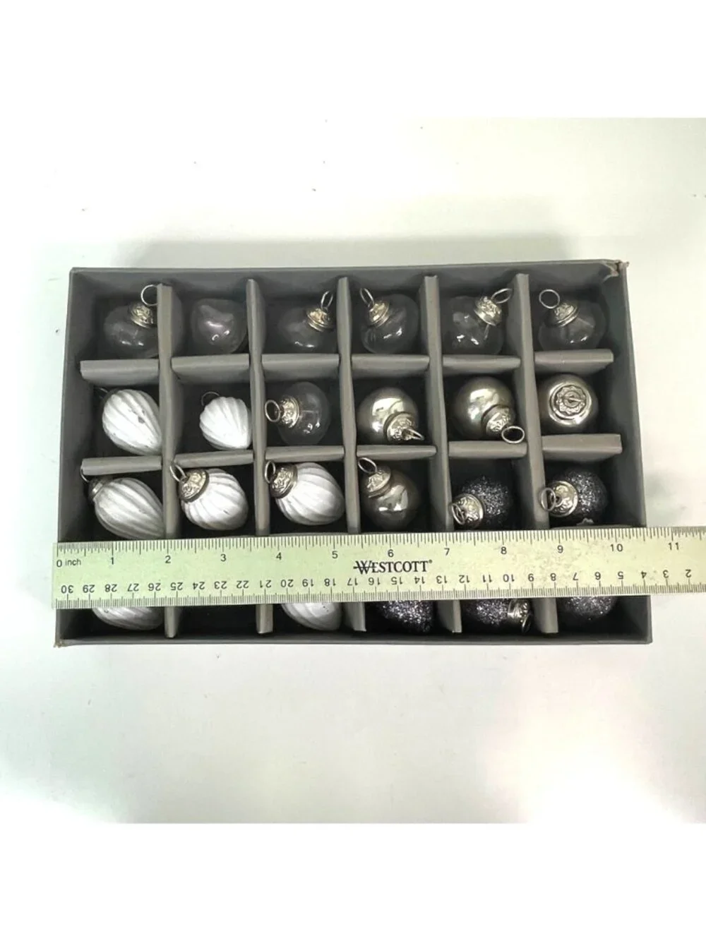 DOFT Mini Mercury Glass Christmas Ornaments Set White Silver Clear w/ Box Lid